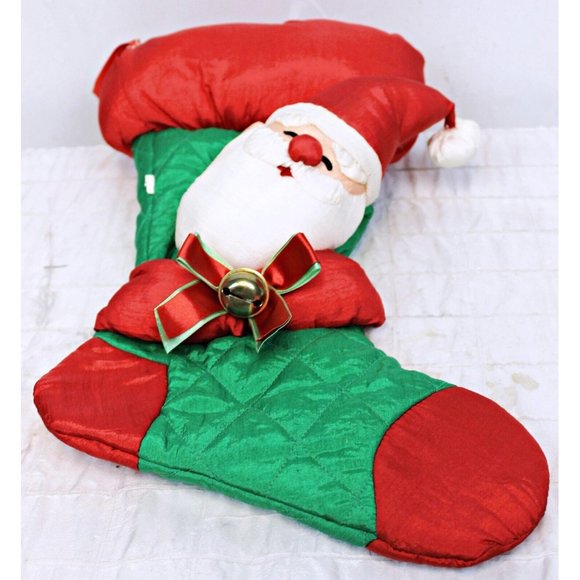 VTG 1990s 18" Santa Claus Nylon Plush Christmas Stocking Red Green Quilted Bow - Picture 3 of 5